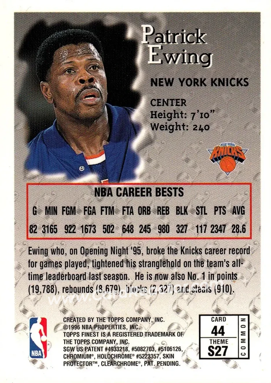 1996-97 Finest #44 - Patrick Ewing - New York Knicks - Back