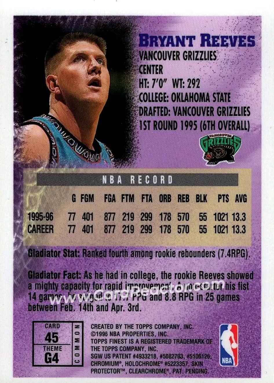 1996-97 Finest #45 - Bryant Reeves - Vancouver Grizzlies - Back