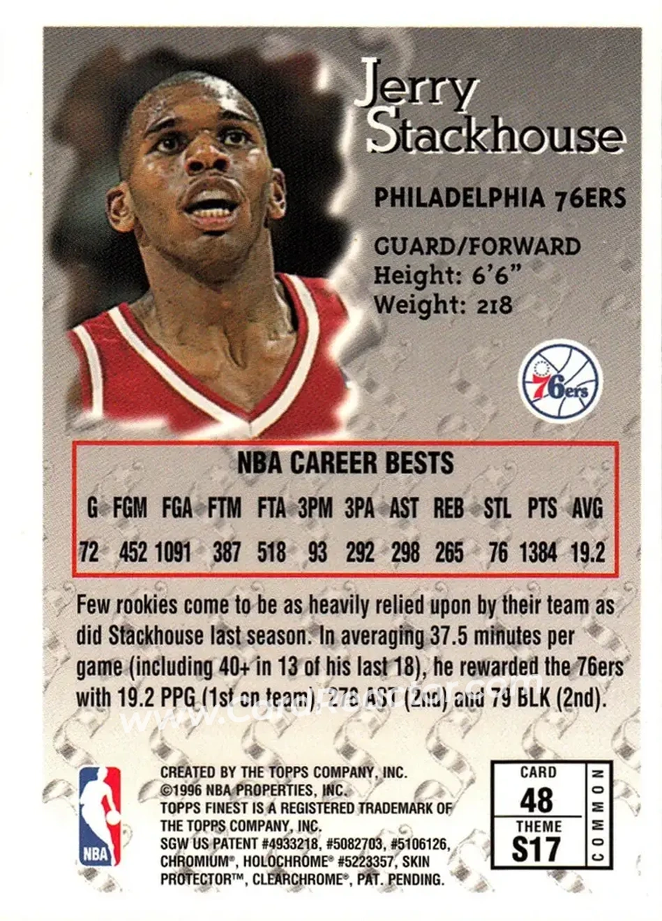 1996-97 Finest #48 - Jerry Stackhouse - Philadelphia 76ers - Back