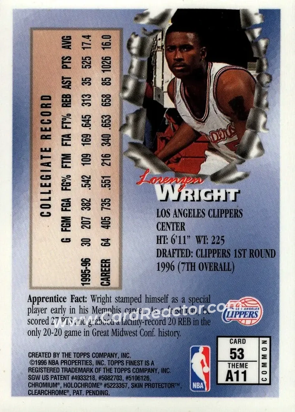 1996-97 Finest #53 - Lorenzen Wright - Los Angeles Clippers - Back