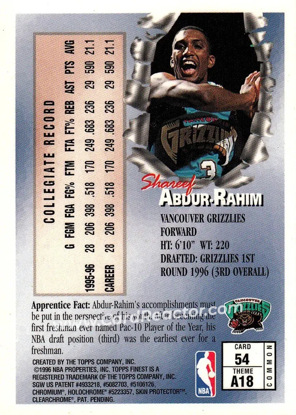 1996-97 Finest #54 - Shareef Abdur-Rahim - Vancouver Grizzlies - Back