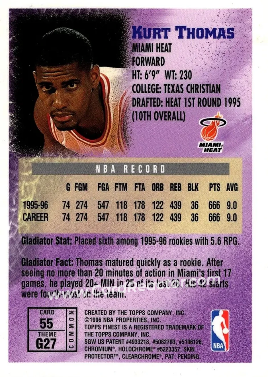 1996-97 Finest #55 - Kurt Thomas - Miami Heat - Back