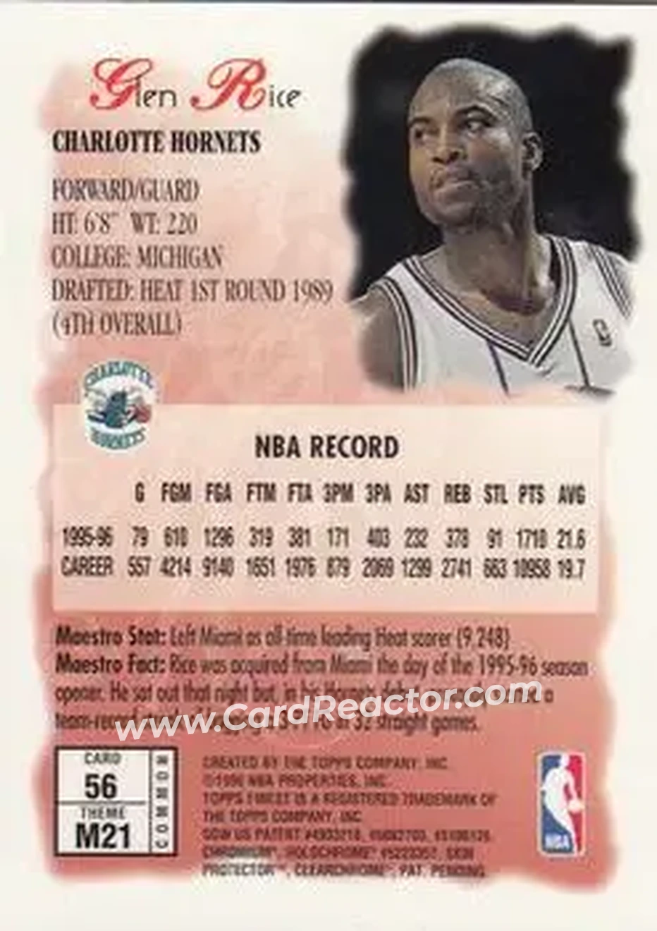 1996-97 Finest #56 - Glen Rice - Charlotte Hornets - Back