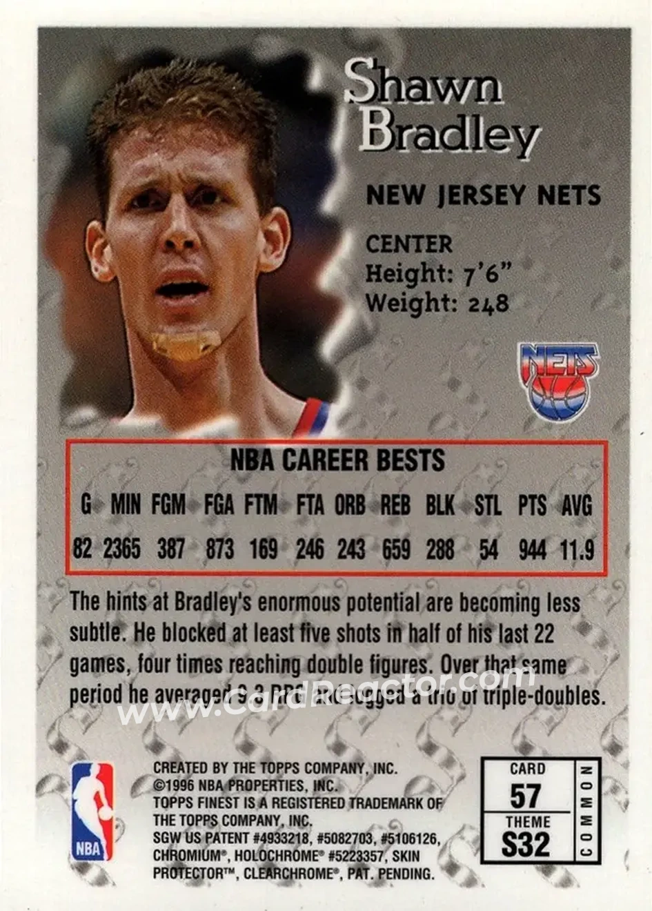 1996-97 Finest #57 - Shawn Bradley - New Jersey Nets - Back