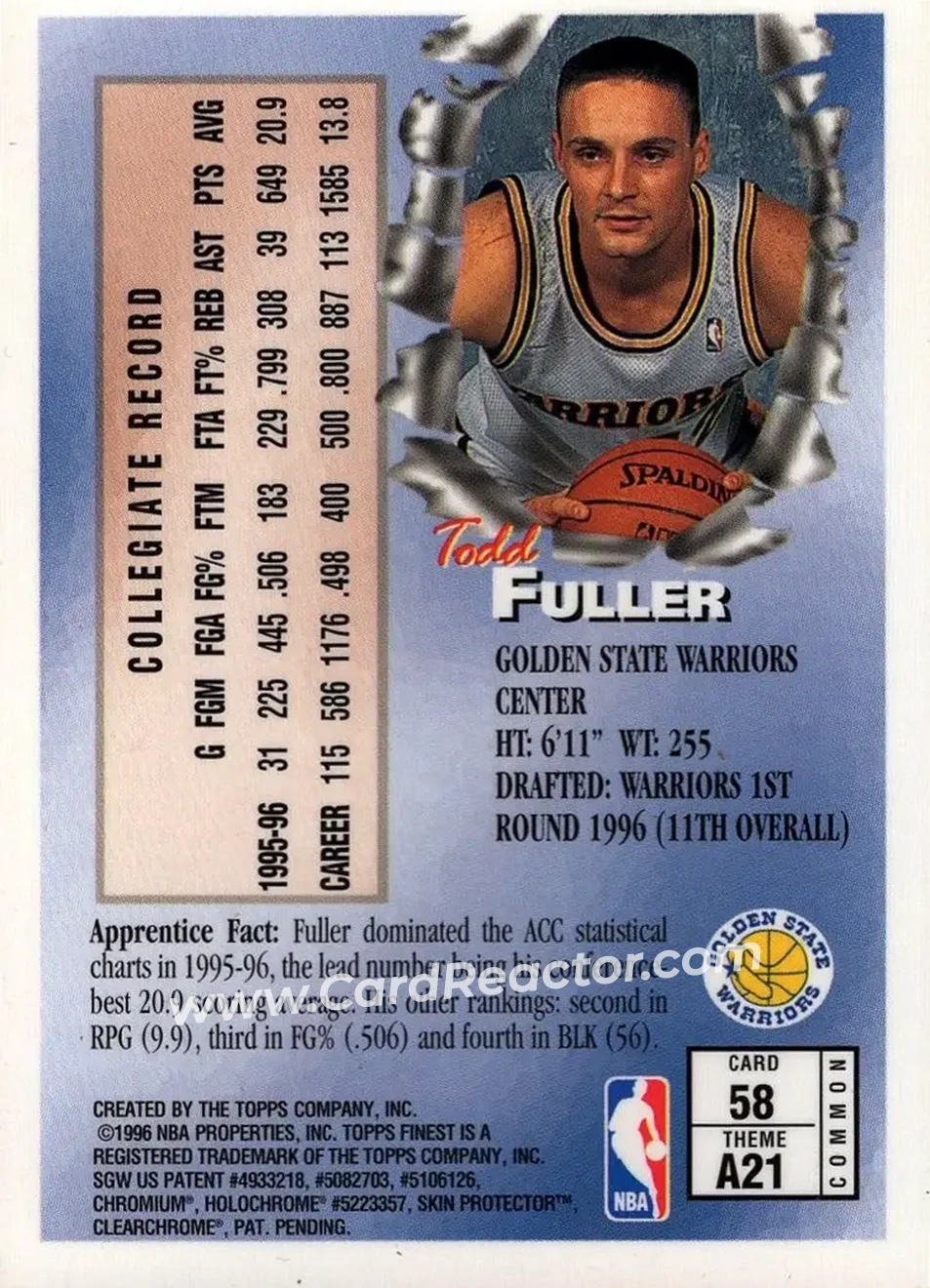 1996-97 Finest #58 - Todd Fuller - Golden State Warriors - Back
