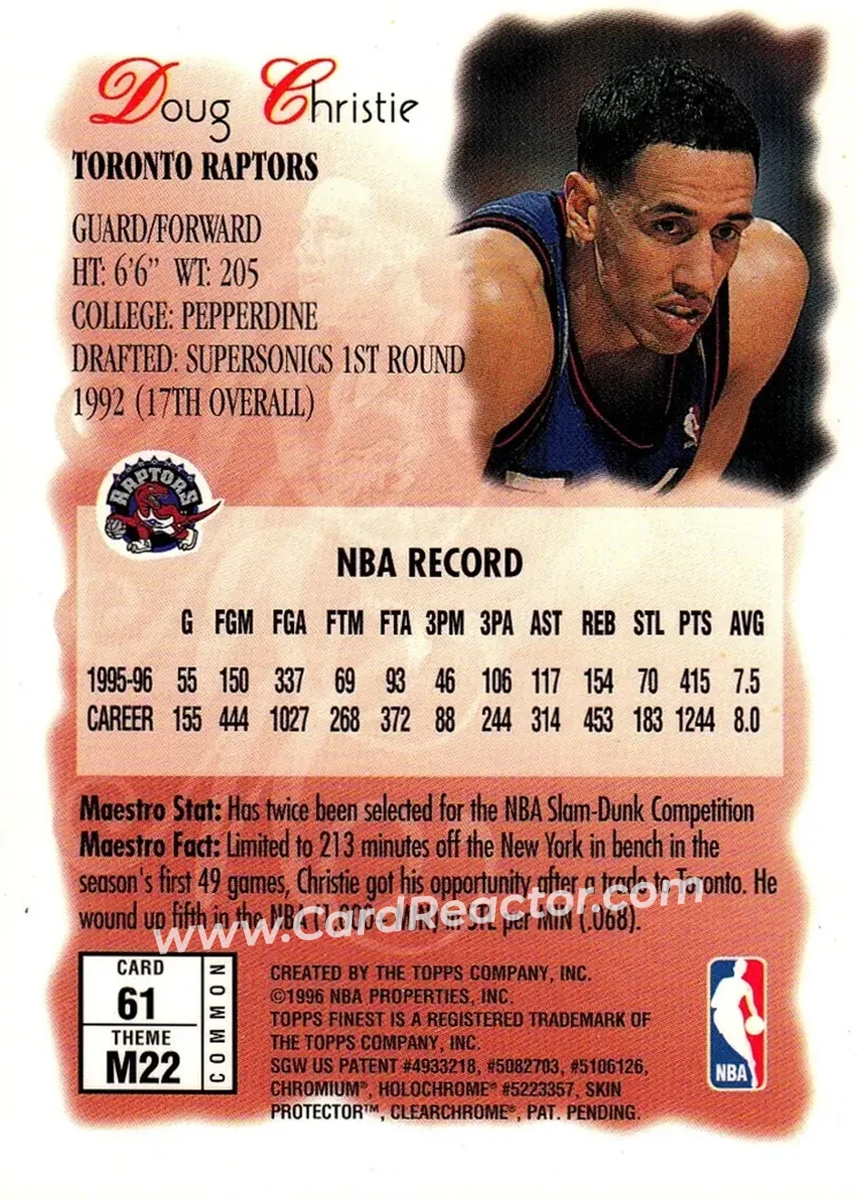 1996-97 Finest #61 - Doug Christie - Toronto Raptors - Back