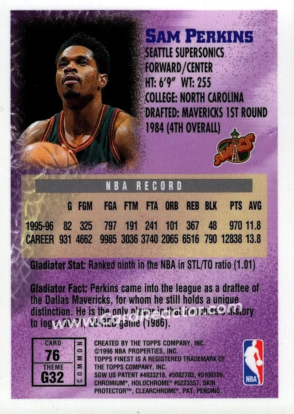 1996-97 Finest #76 - Sam Perkins - Seattle SuperSonics - Back