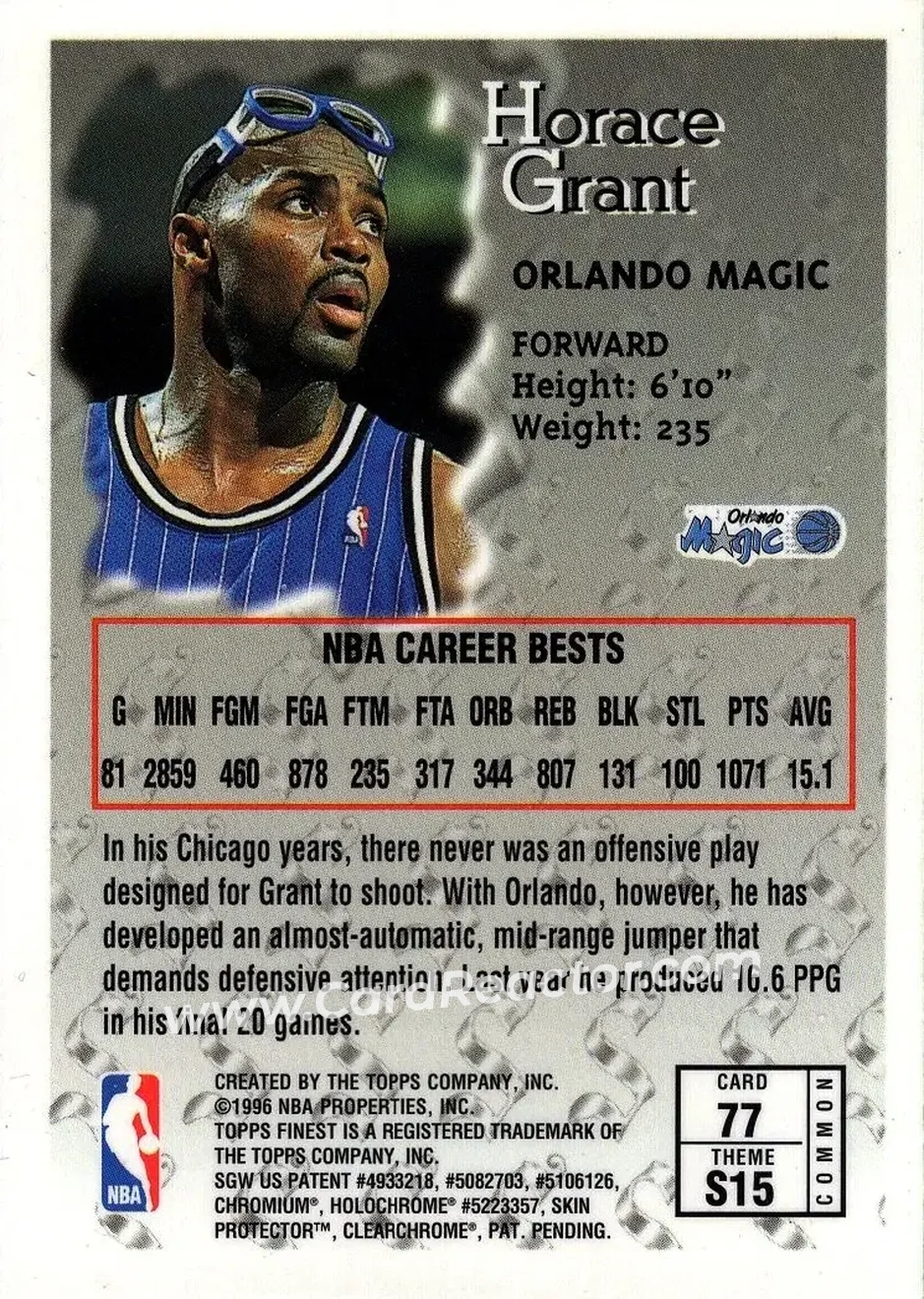 1996-97 Finest #77 - Horace Grant - Orlando Magic - Back