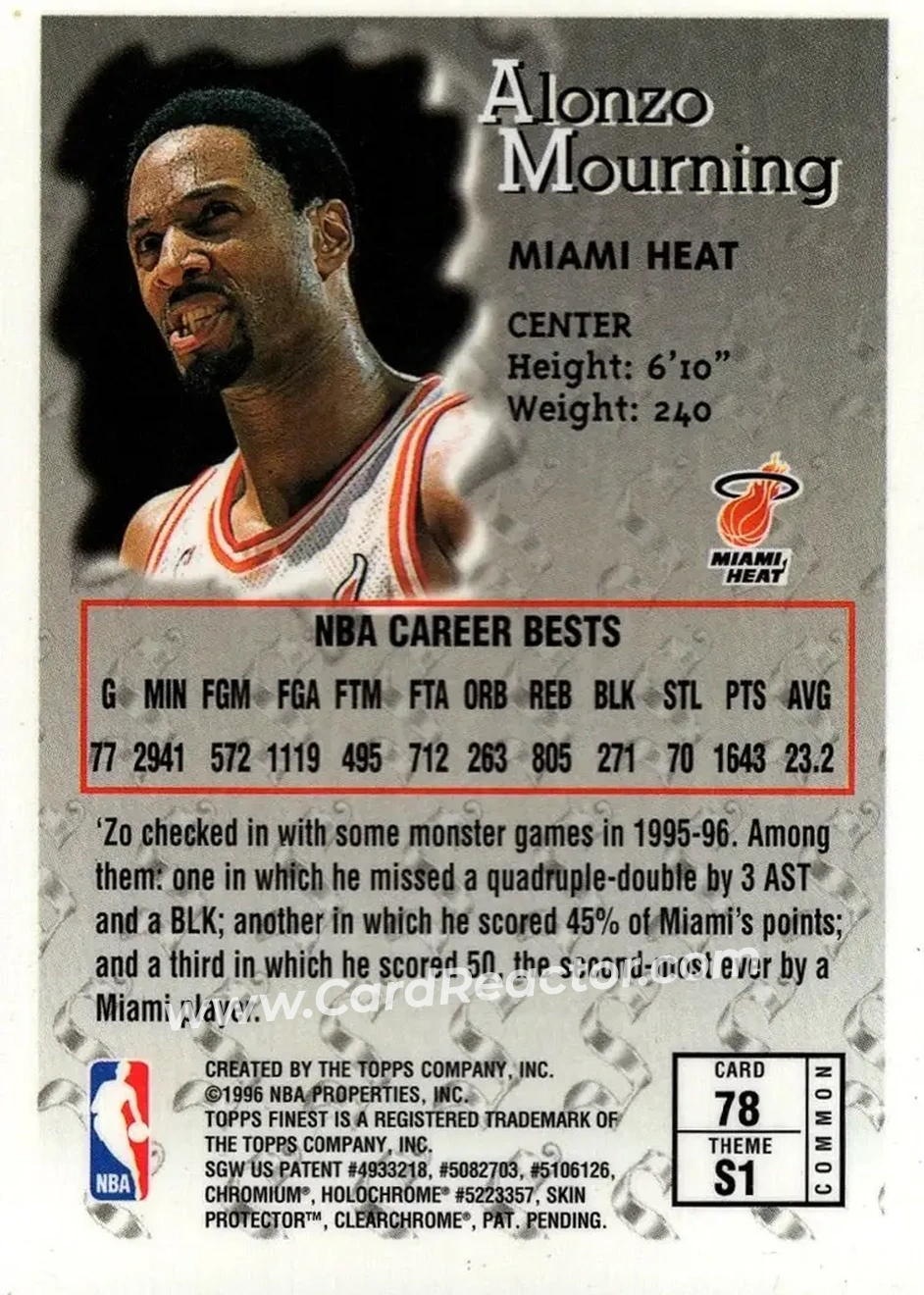 1996-97 Finest #78 - Alonzo Mourning - Miami Heat - Back