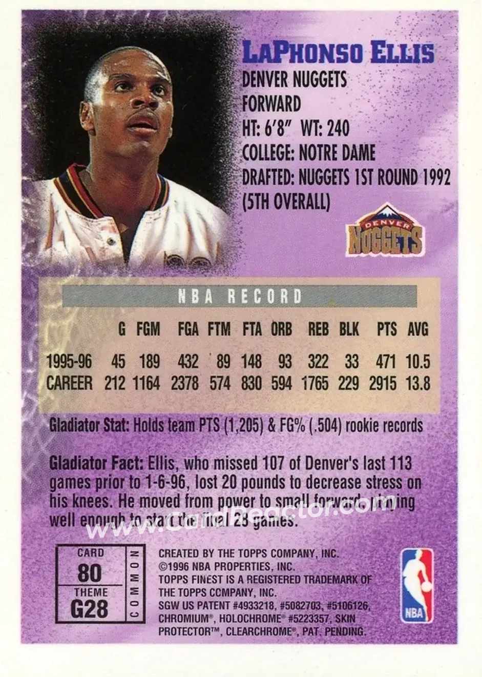 1996-97 Finest #80 - LaPhonso Ellis - Denver Nuggets - Back