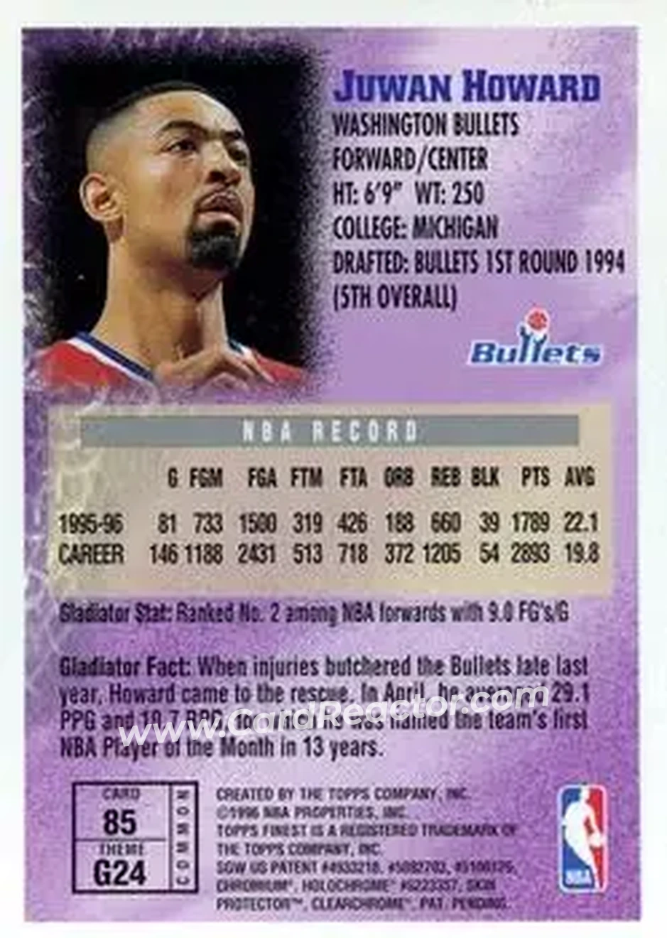 1996-97 Finest #85 - Juwan Howard - Washington Bullets - Back
