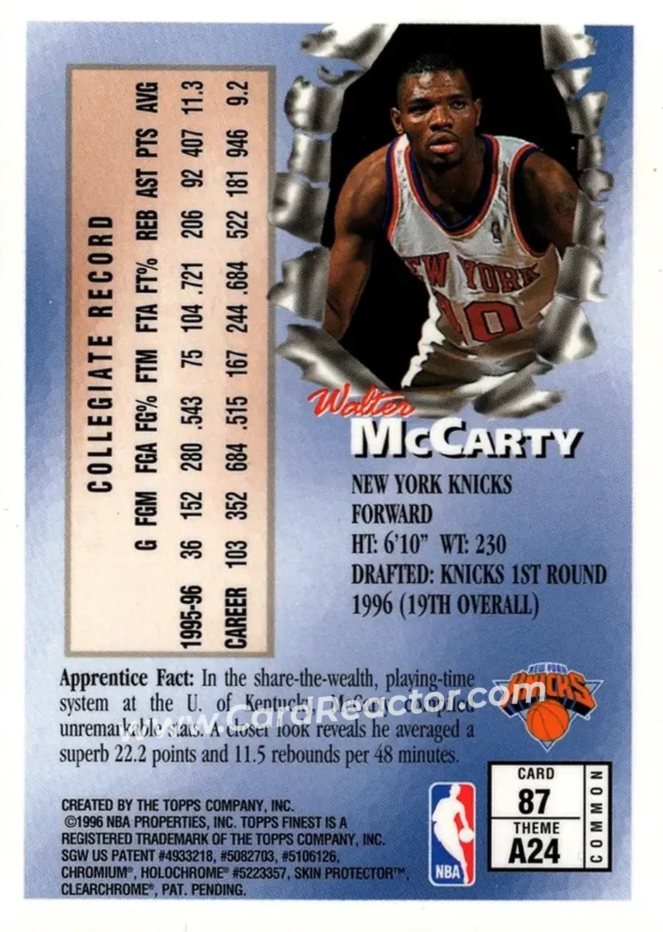 1996-97 Finest #87 - Walter McCarty - New York Knicks - Back