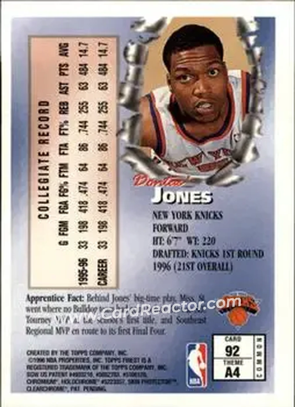1996-97 Finest #92 - Dontae' Jones - New York Knicks - Back