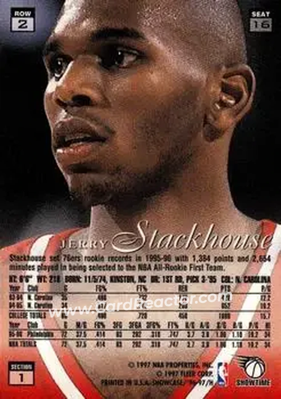1996-97 Flair Showcase #16 - Jerry Stackhouse - Philadelphia 76ers - Back 1996-97 Flair Showcase #16 - Jerry Stackhouse - Philadelphia 76ers - Back