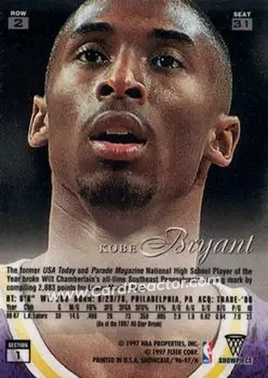 1996-97 Flair Showcase #31 - Kobe Bryant - Los Angeles Lakers - Back