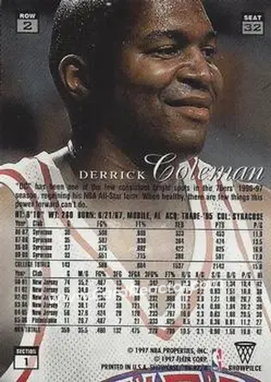 1996-97 Flair Showcase #32 - Derrick Coleman - Philadelphia 76ers - Back