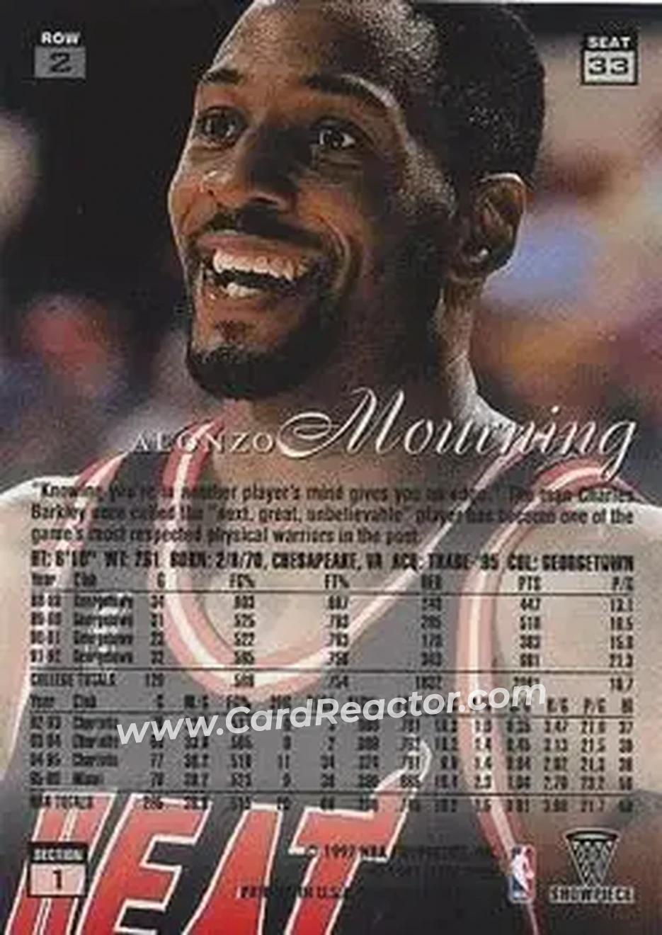 1996-97 Flair Showcase #33 - Alonzo Mourning - Miami Heat - Back