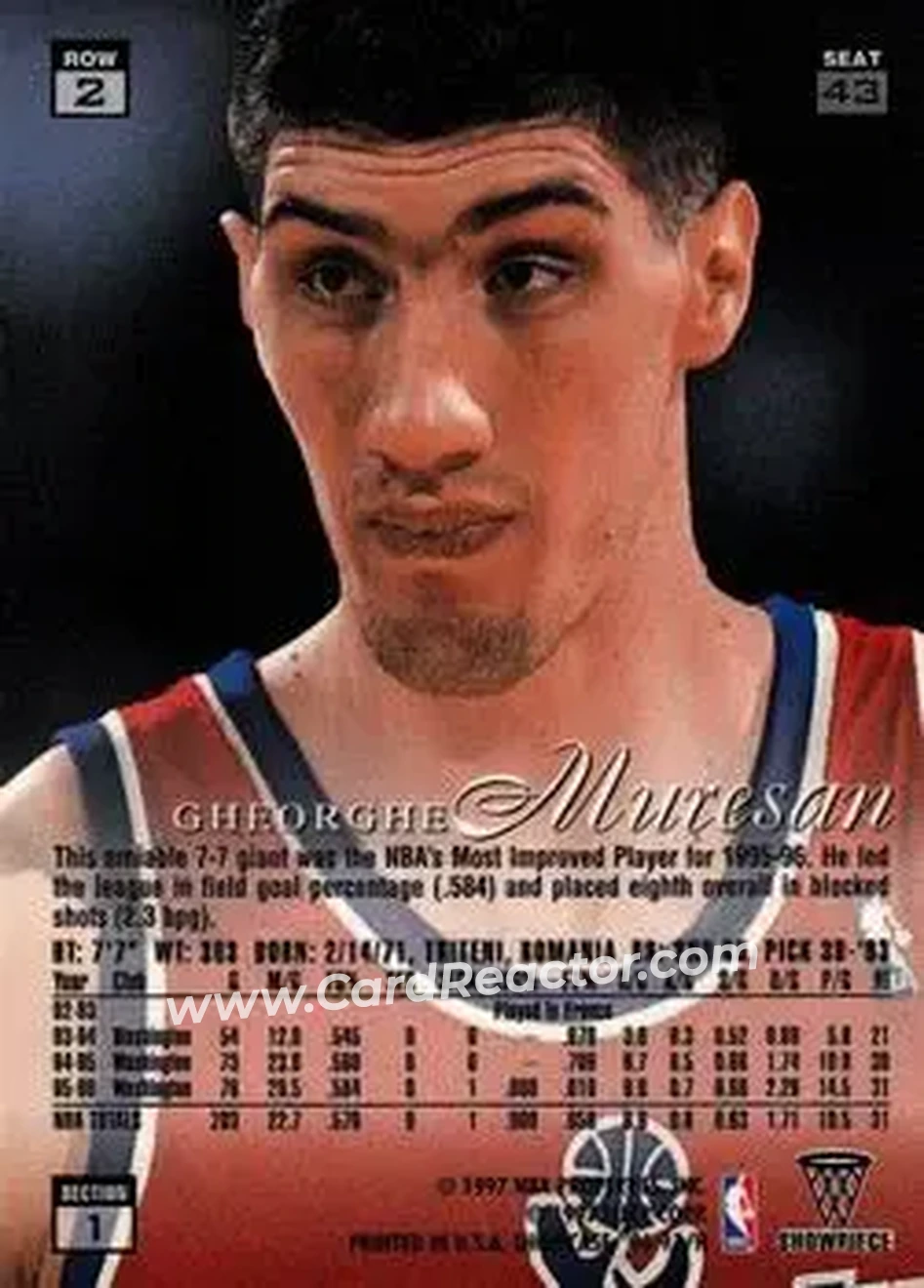 1996-97 Flair Showcase #43 - Gheorghe Mureșan - Washington Bullets - Back 1996-97 Flair Showcase #43 - Gheorghe Mureșan - Washington Bullets - Back