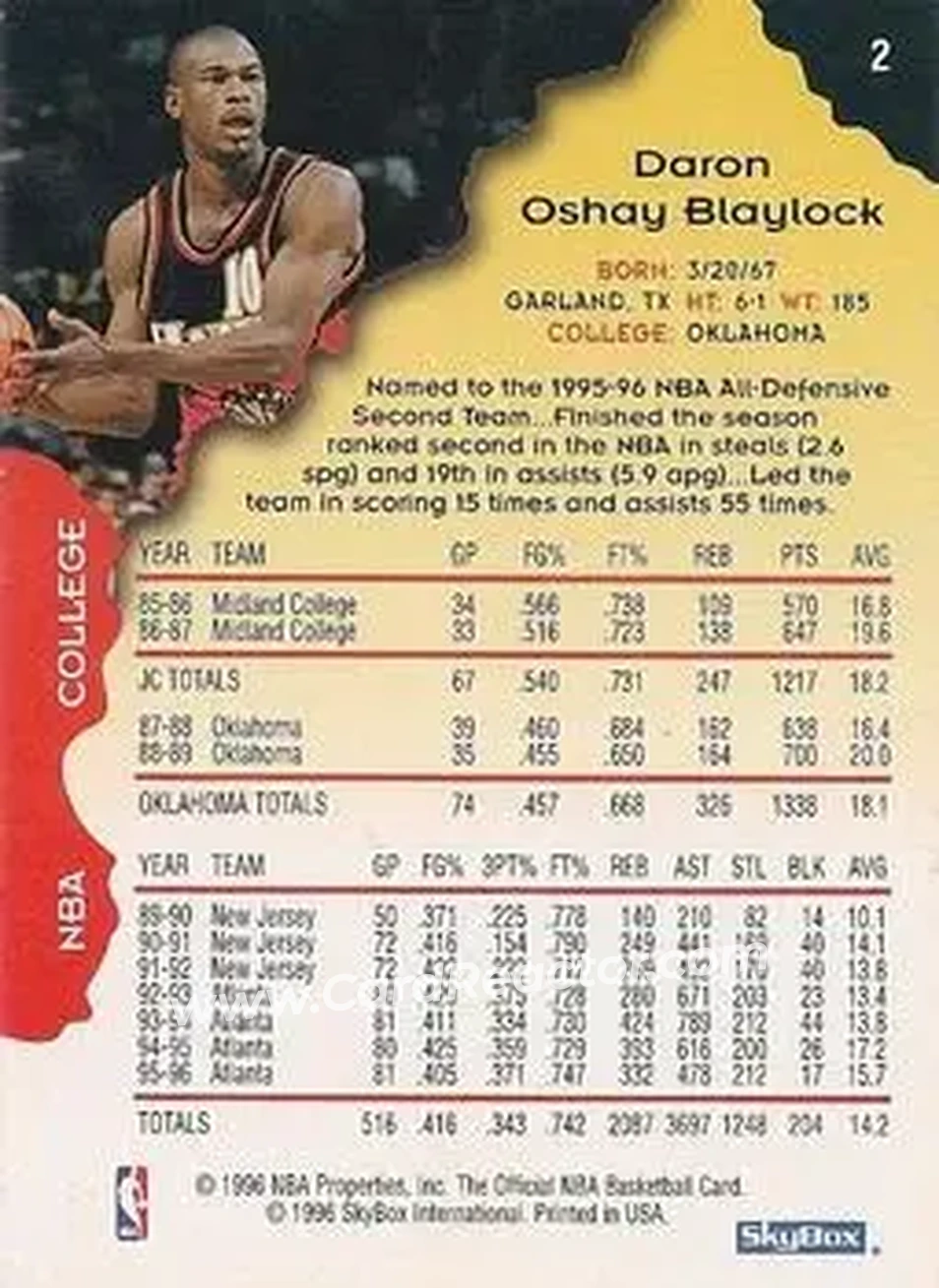 1996-97 Hoops #2 - Mookie Blaylock - Atlanta Hawks - Back