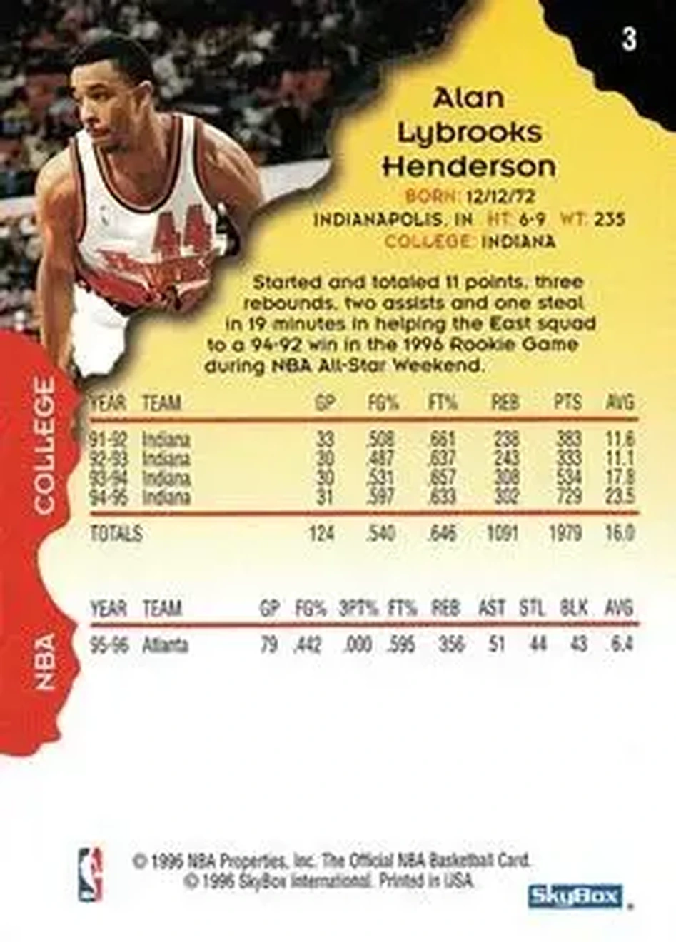 1996-97 Hoops #3 - Alan Henderson - Atlanta Hawks - Back
