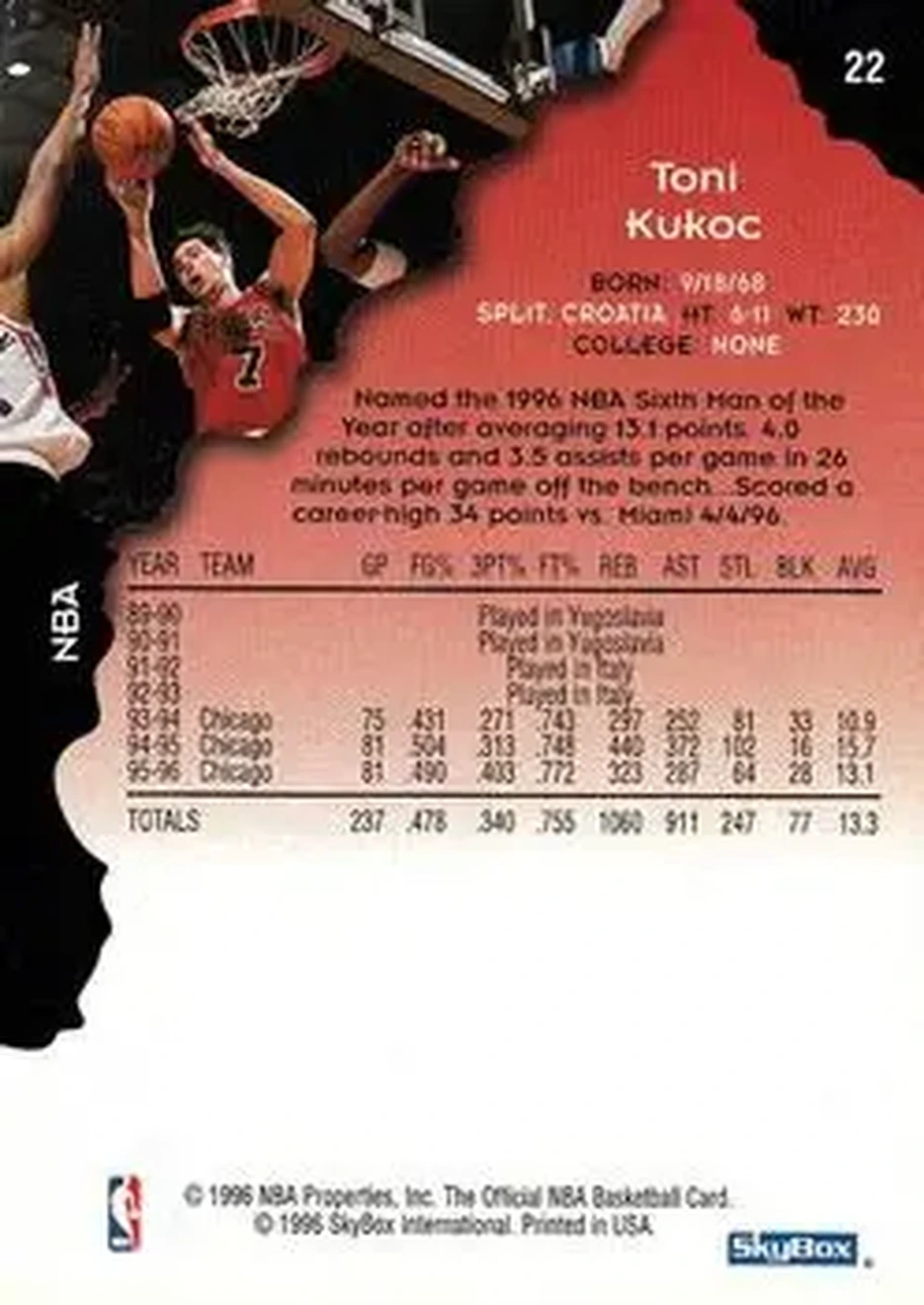 1996-97 Hoops #22 - Toni Kukoc - Chicago Bulls - Back