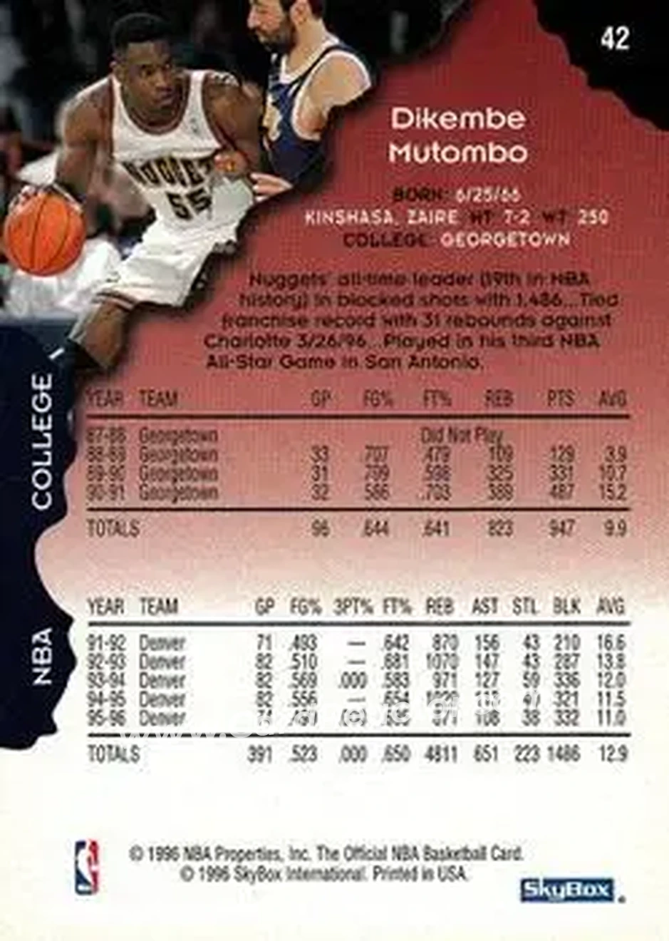 1996-97 Hoops #42 - Dikembe Mutombo - Atlanta Hawks - Back