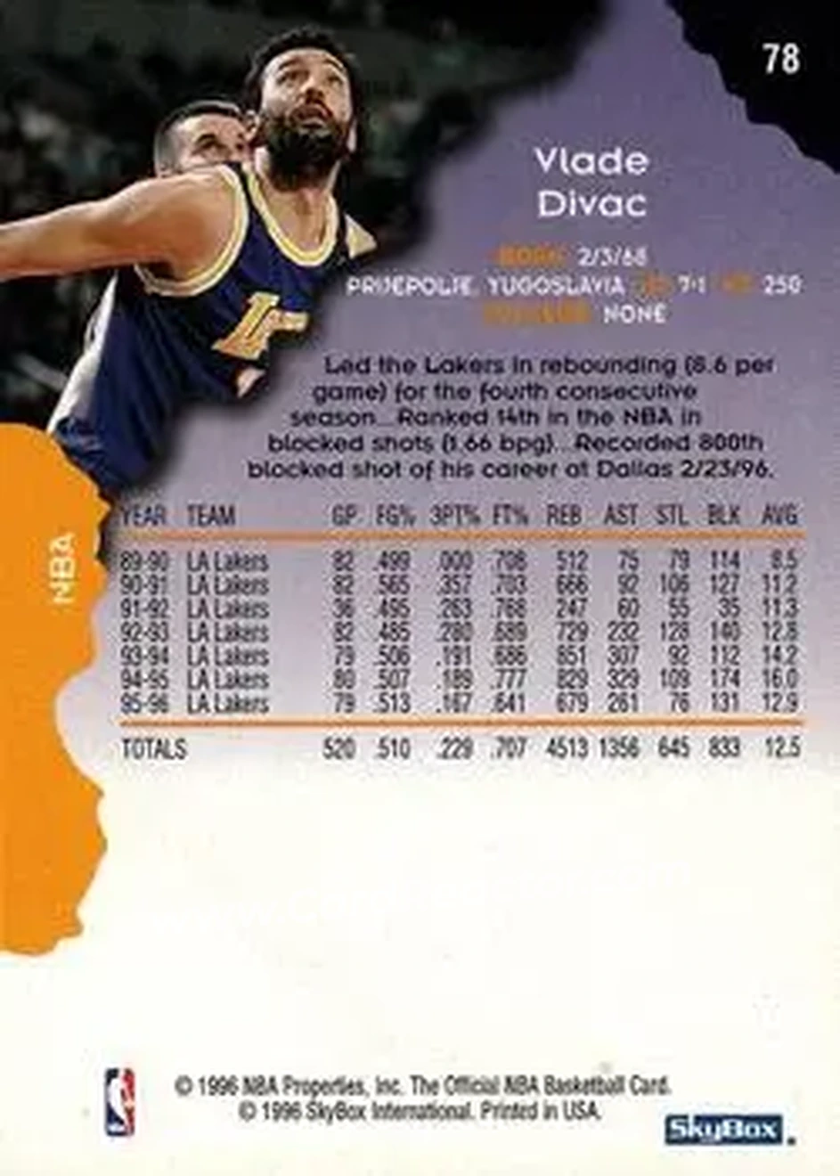 1996-97 Hoops #78 - Vlade Divac - Charlotte Hornets - Back