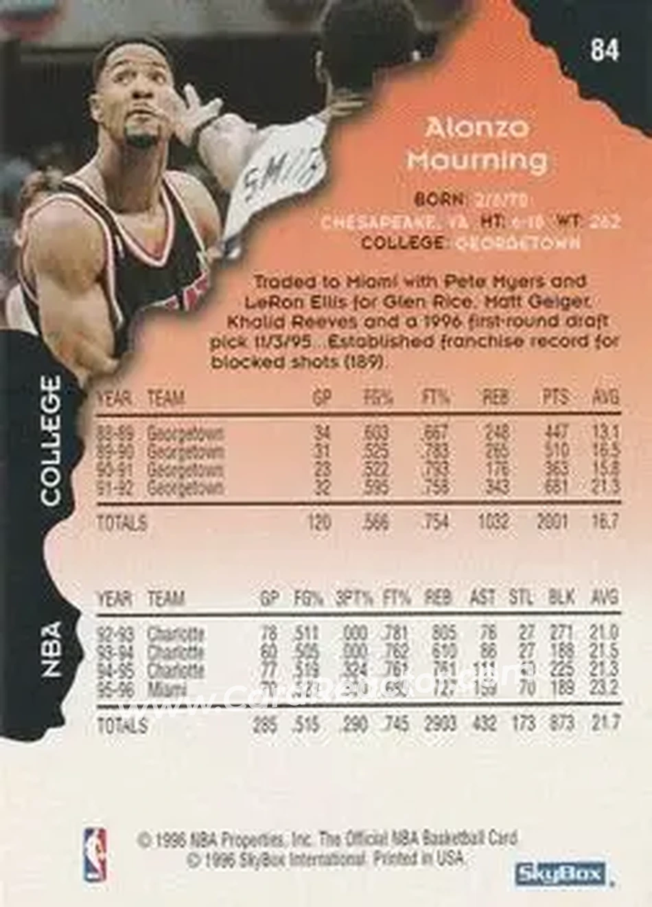 1996-97 Hoops #84 - Alonzo Mourning - Miami Heat - Back 1996-97 Hoops #84 - Alonzo Mourning - Miami Heat - Back