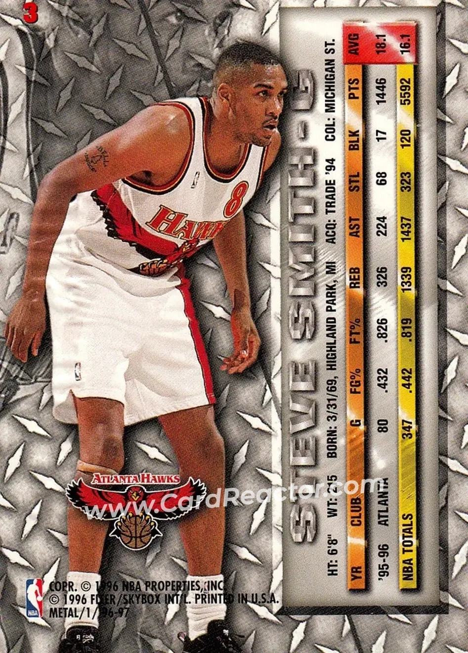1996-97 Metal #3 - Steve Smith - Atlanta Hawks - Back