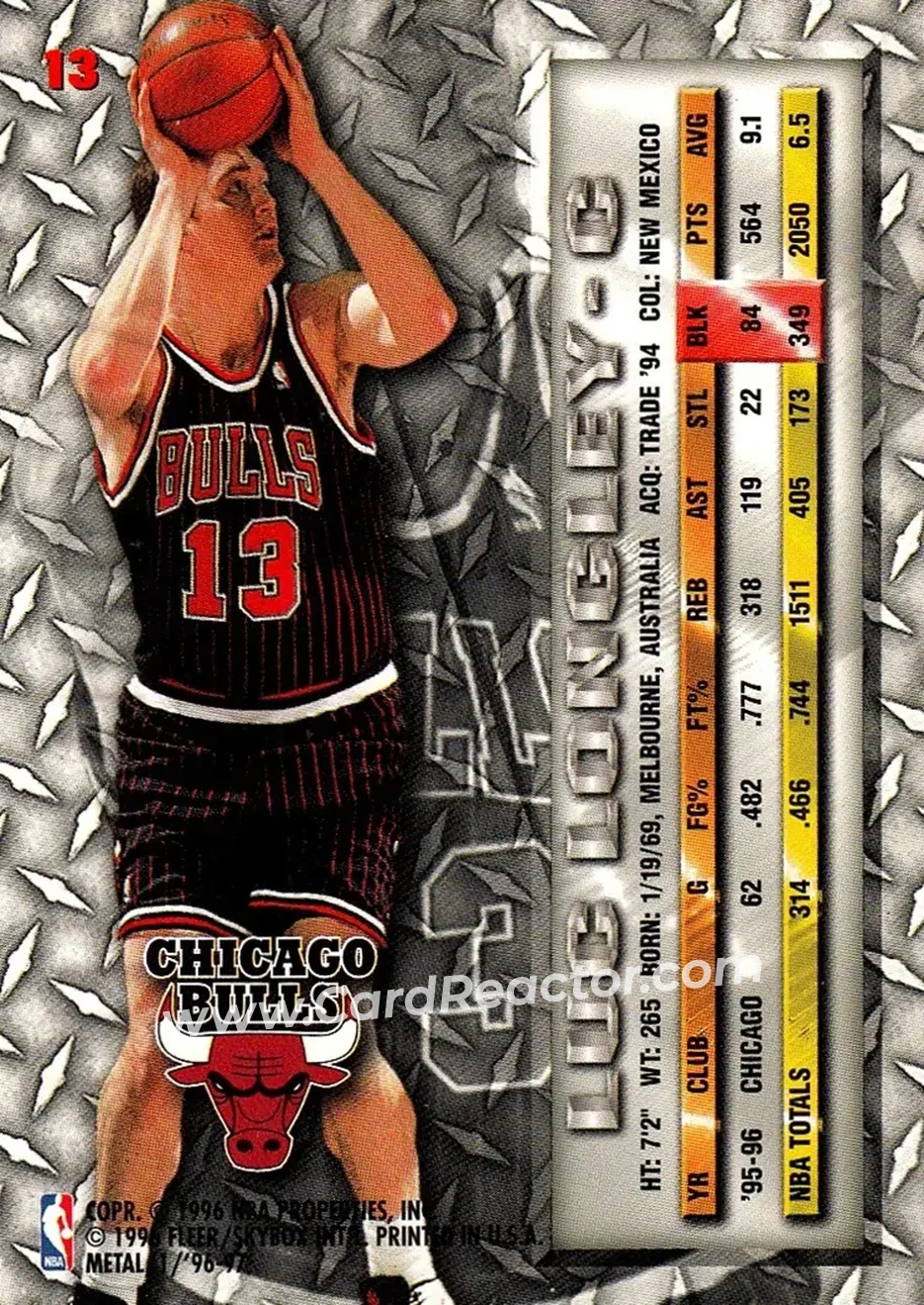 1996-97 Metal #13 - Luc Longley - Chicago Bulls - Back 1996-97 Metal #13 - Luc Longley - Chicago Bulls - Back