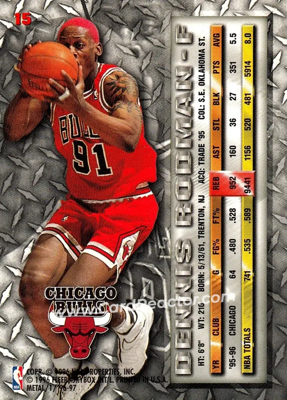 1996-97 Metal #15 - Dennis Rodman - Chicago Bulls - Back