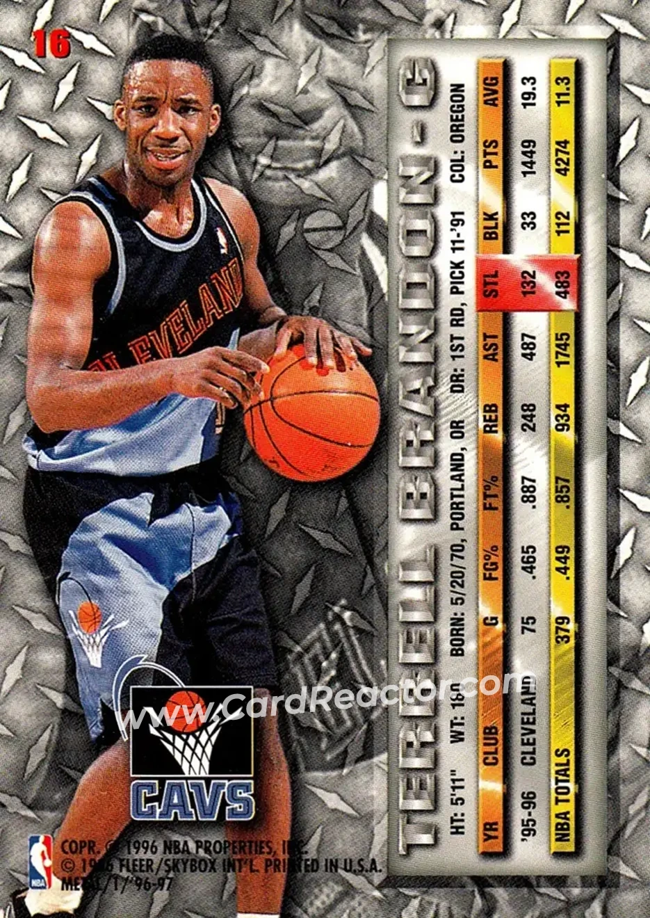 1996-97 Metal #16 - Terrell Brandon - Cleveland Cavaliers - Back
