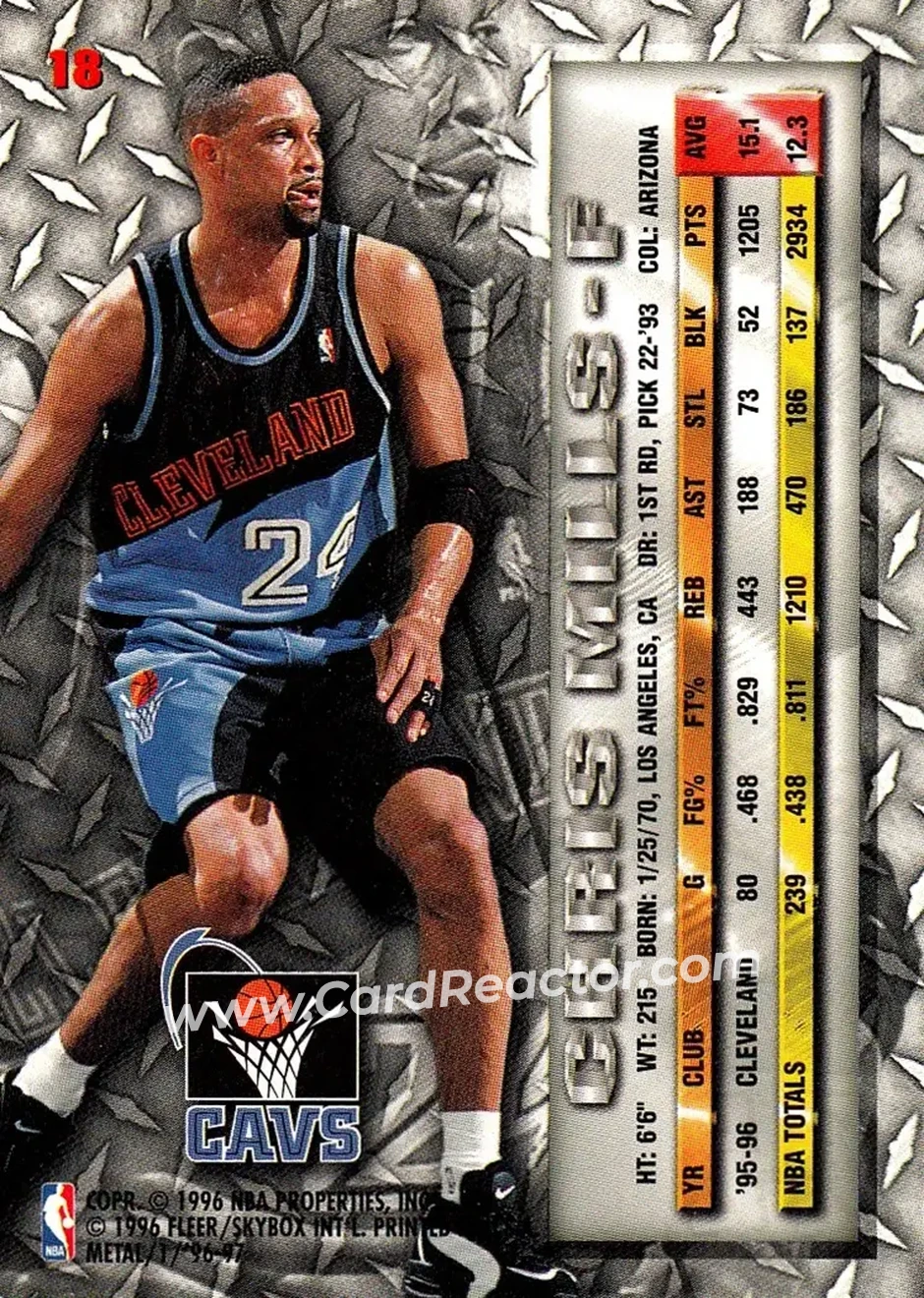 1996-97 Metal #18 - Chris Mills - Cleveland Cavaliers - Back