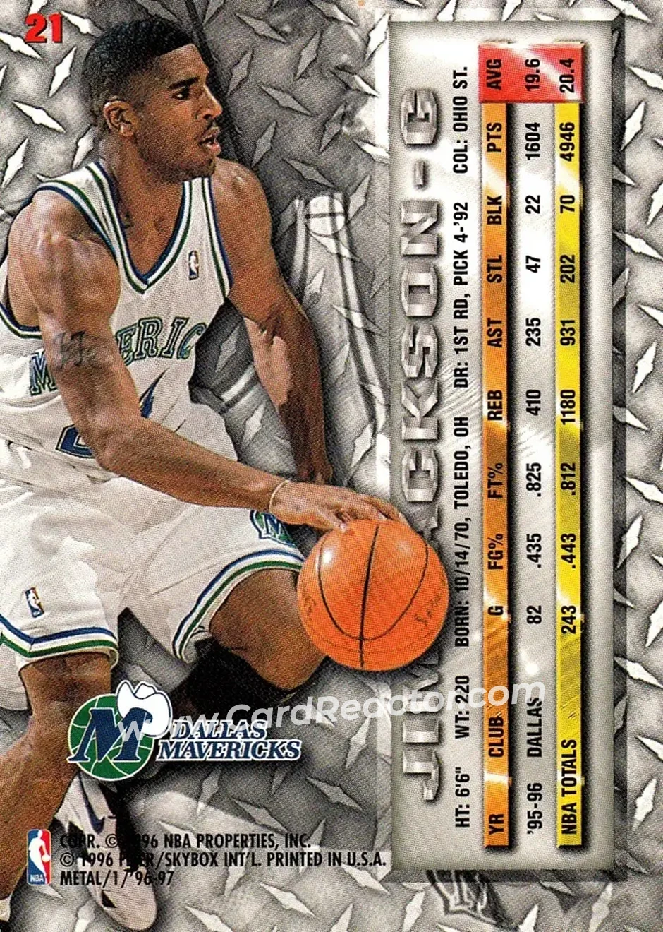 1996-97 Metal #21 - Jim Jackson - Dallas Mavericks - Back 1996-97 Metal #21 - Jim Jackson - Dallas Mavericks - Back