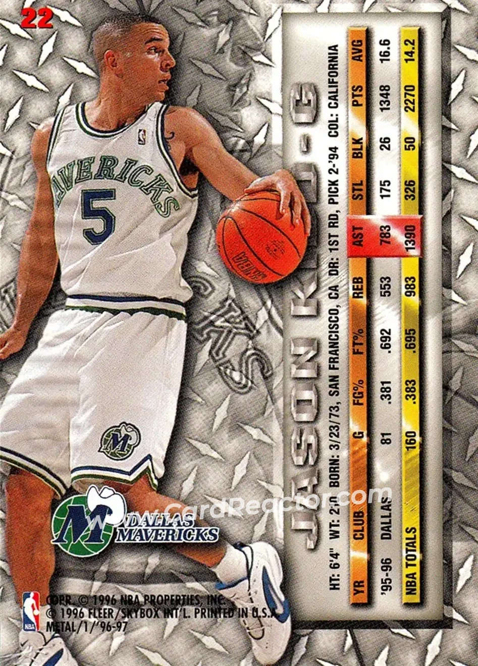 1996-97 Metal #22 - Jason Kidd - Dallas Mavericks - Back