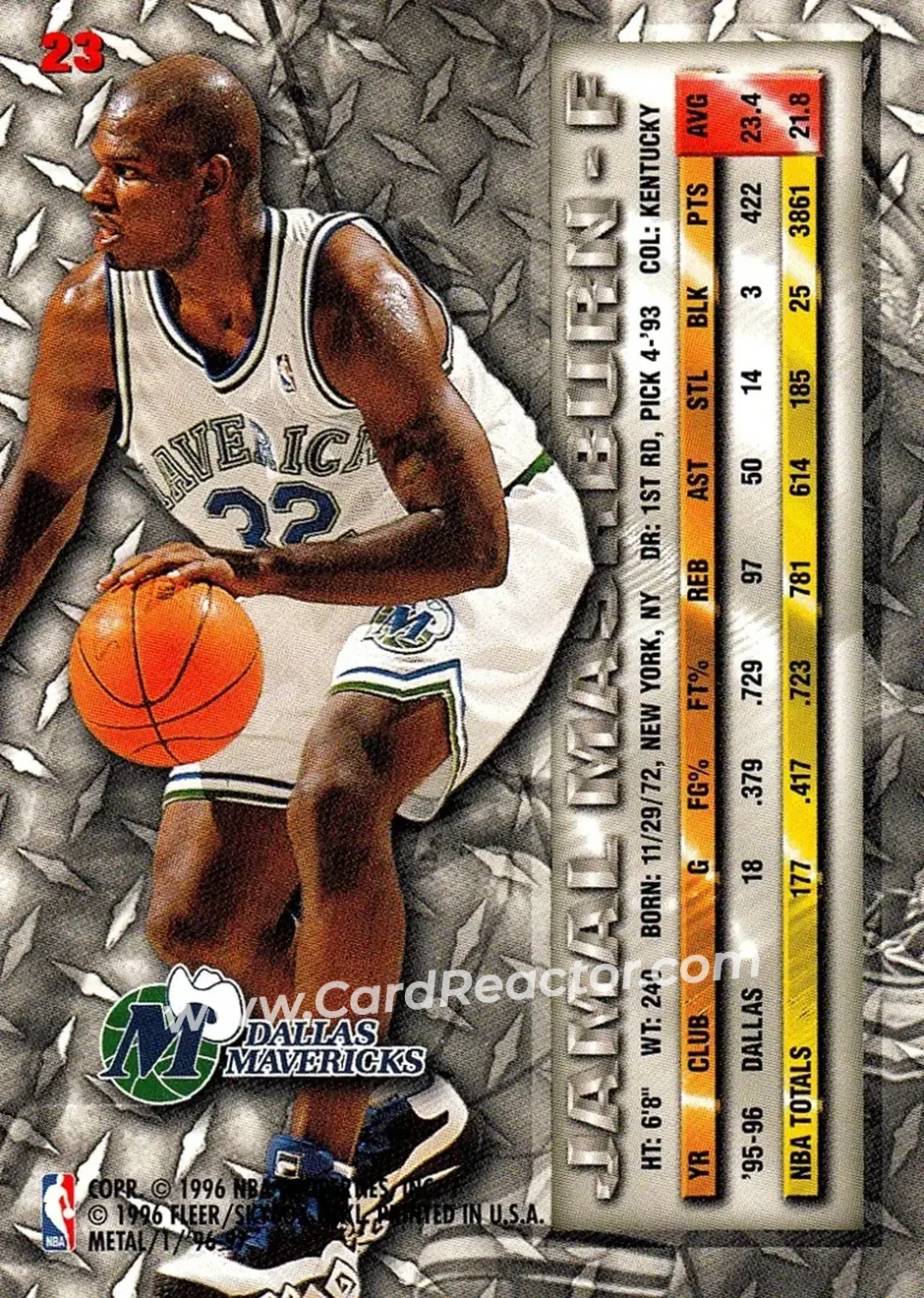 1996-97 Metal #23 - Jamal Mashburn - Dallas Mavericks - Back