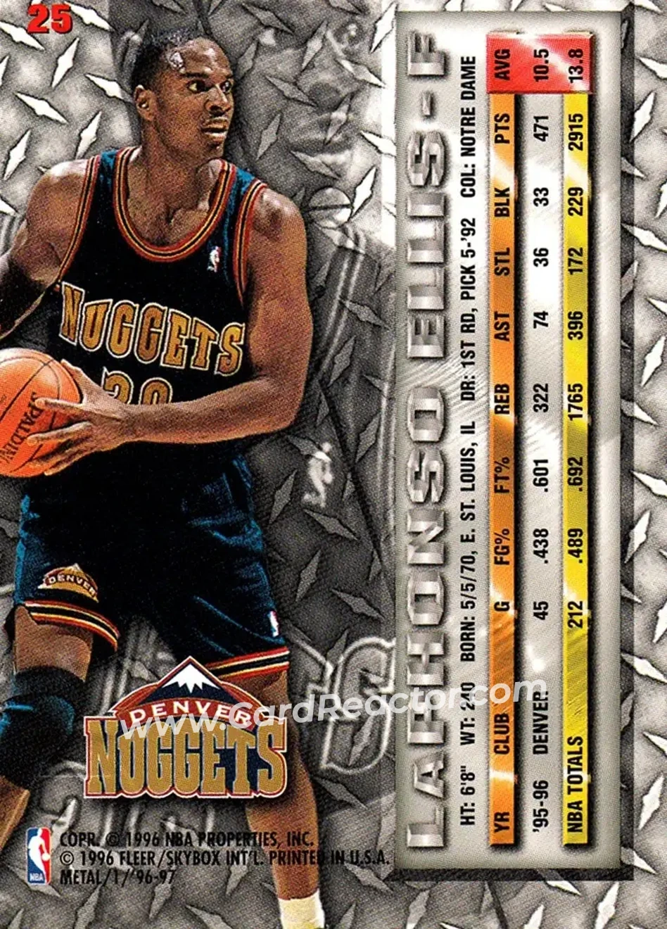 1996-97 Metal #25 - LaPhonso Ellis - Denver Nuggets - Back