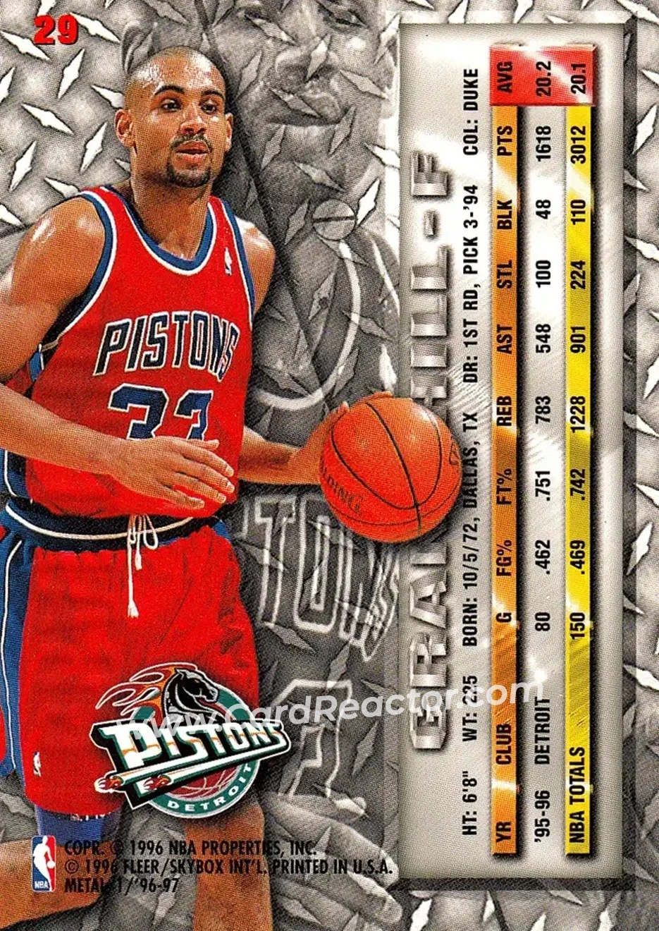 1996-97 Metal #29 - Grant Hill - Detroit Pistons - Back