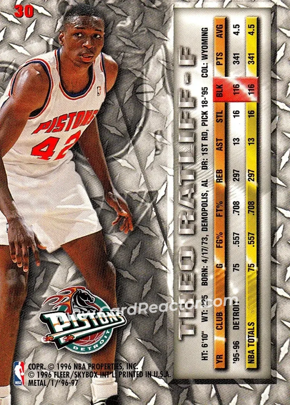 1996-97 Metal #30 - Theo Ratliff - Detroit Pistons - Back