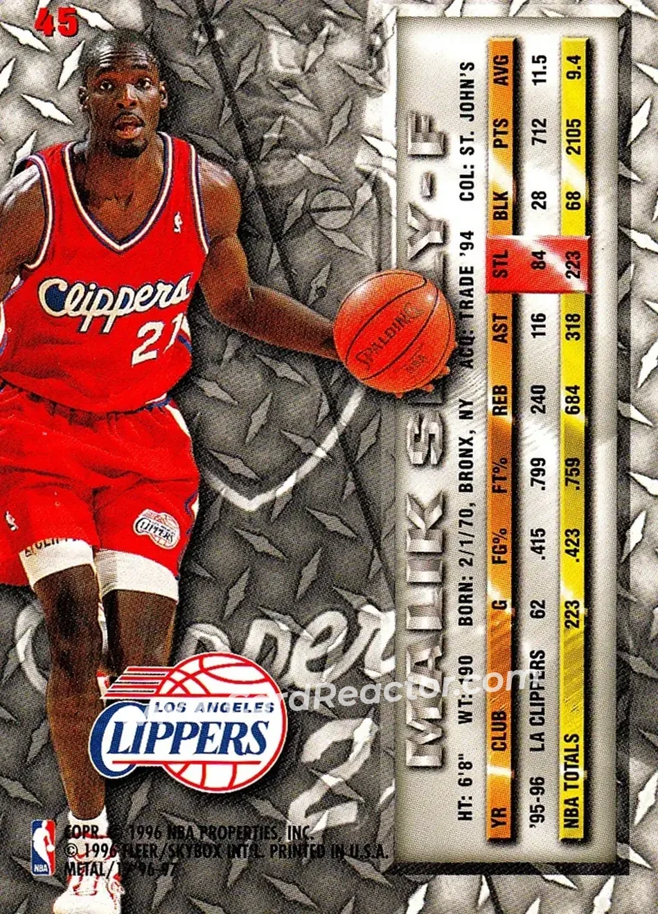 1996-97 Metal #45 - Malik Sealy - Los Angeles Clippers - Back 1996-97 Metal #45 - Malik Sealy - Los Angeles Clippers - Back
