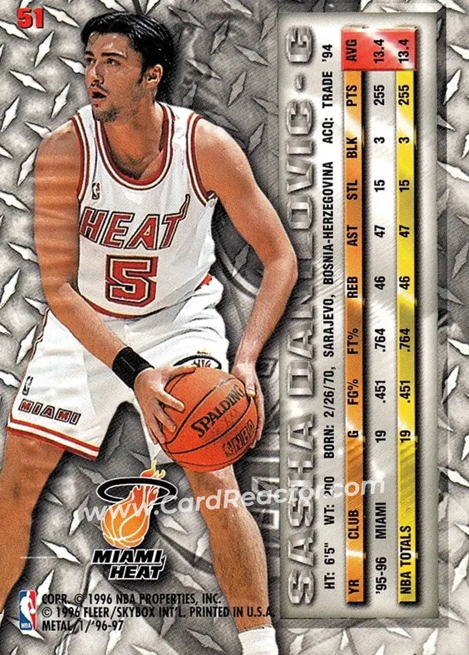 1996-97 Metal #51 - Sasha Danilović - Miami Heat - Back