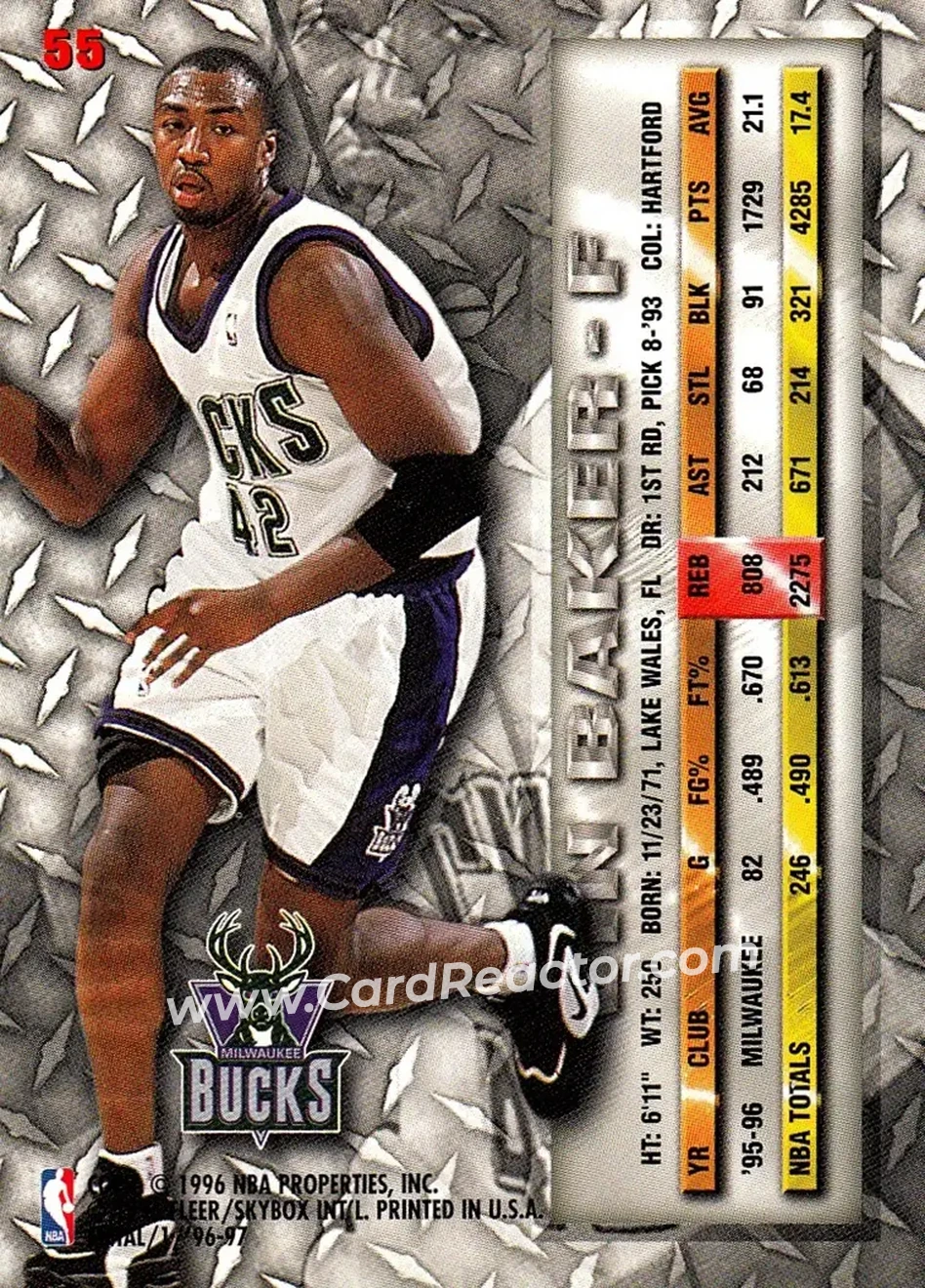 1996-97 Metal #55 - Vin Baker - Milwaukee Bucks - Back
