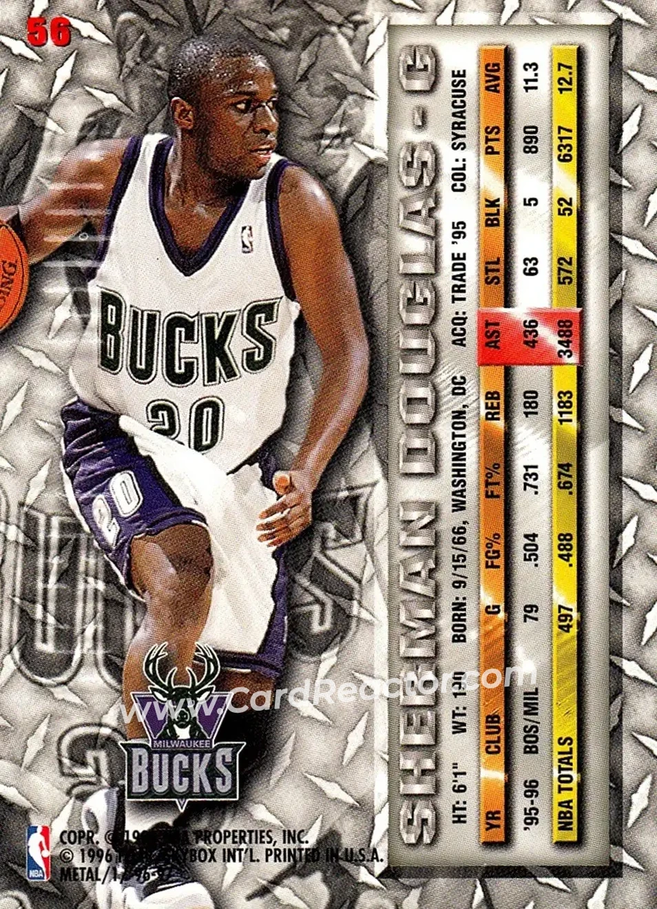 1996-97 Metal #56 - Sherman Douglas - Milwaukee Bucks - Back