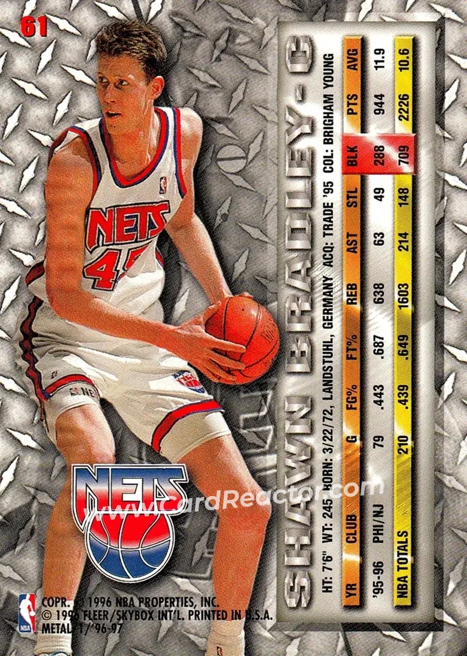 1996-97 Metal #61 - Shawn Bradley - New Jersey Nets - Back 1996-97 Metal #61 - Shawn Bradley - New Jersey Nets - Back