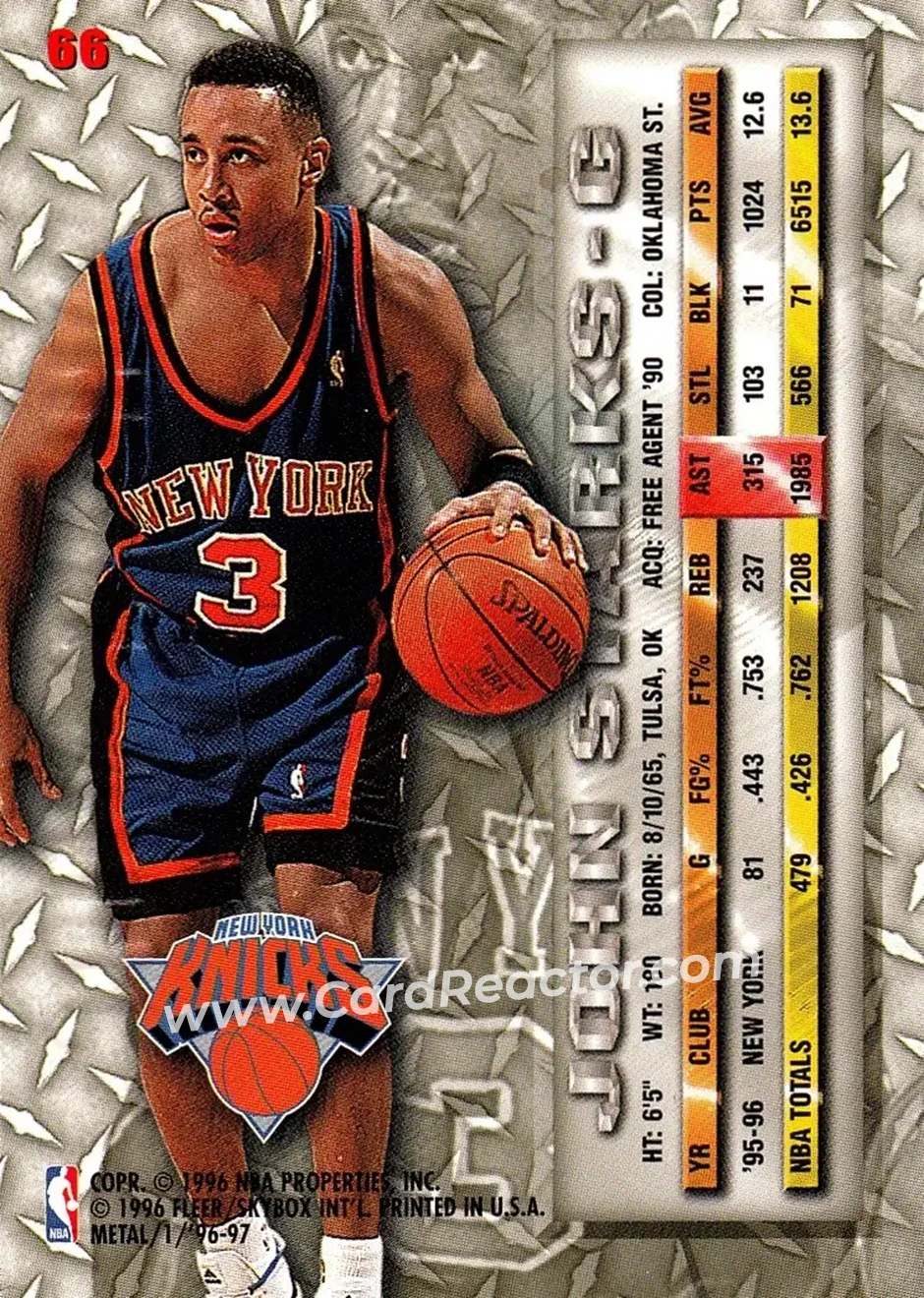 1996-97 Metal #66 - John Starks - New York Knicks - Back