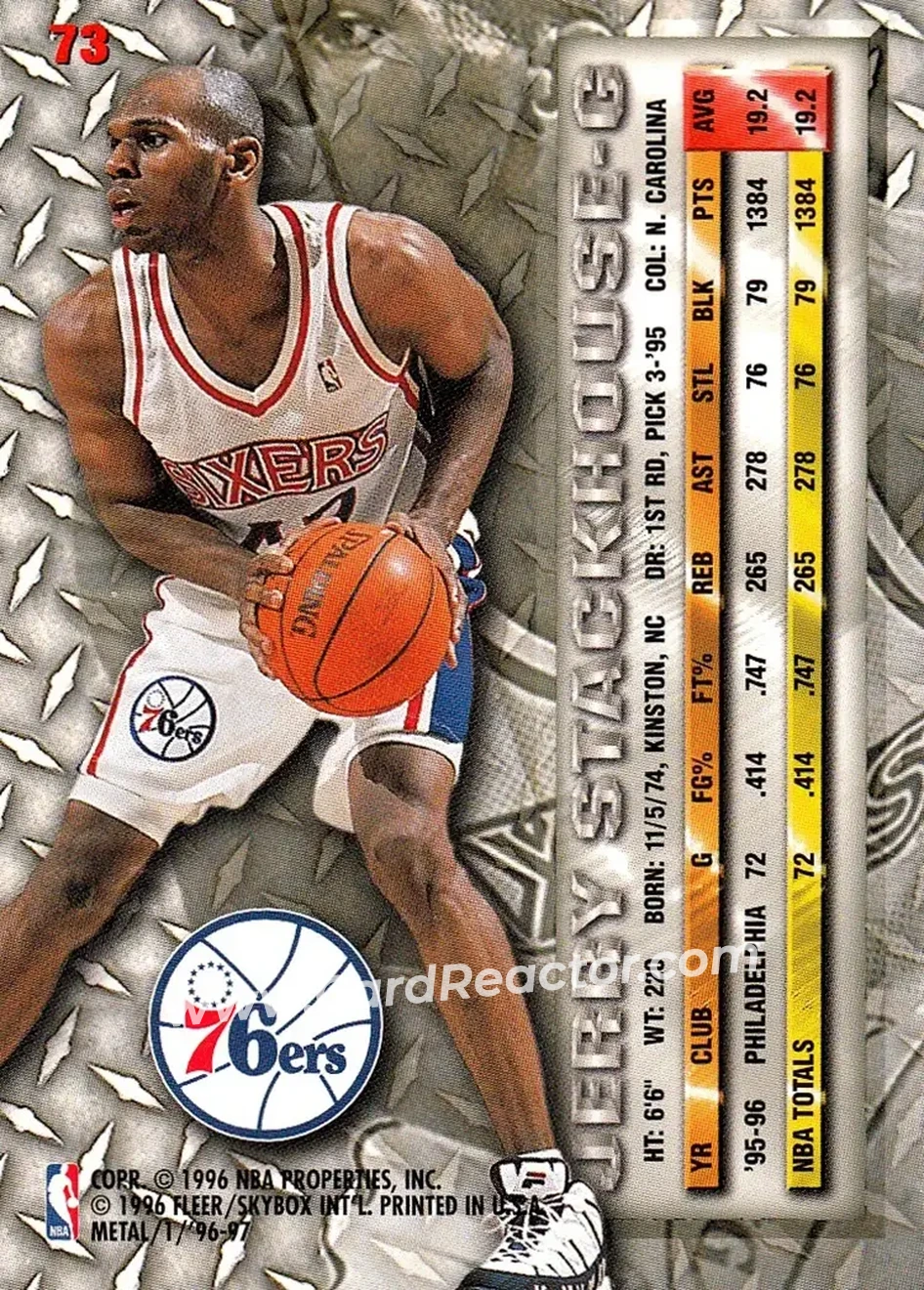 1996-97 Metal #73 - Jerry Stackhouse - Philadelphia 76ers - Back