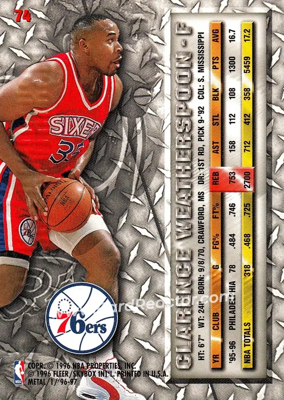 1996-97 Metal #74 - Clarence Weatherspoon - Philadelphia 76ers - Back