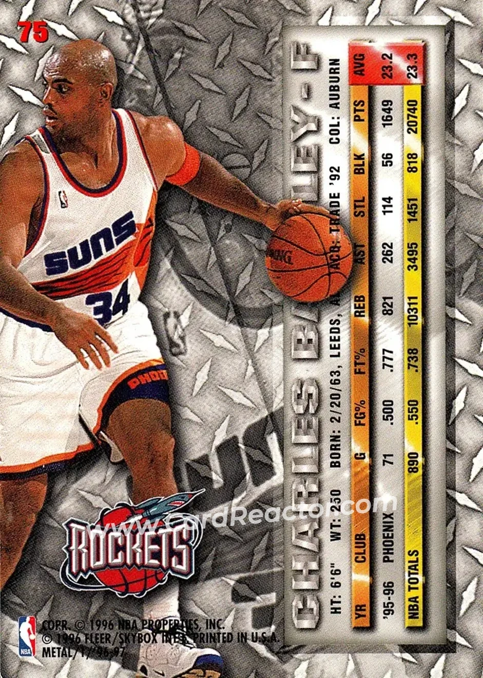 1996-97 Metal #75 - Charles Barkley - Houston Rockets - Back