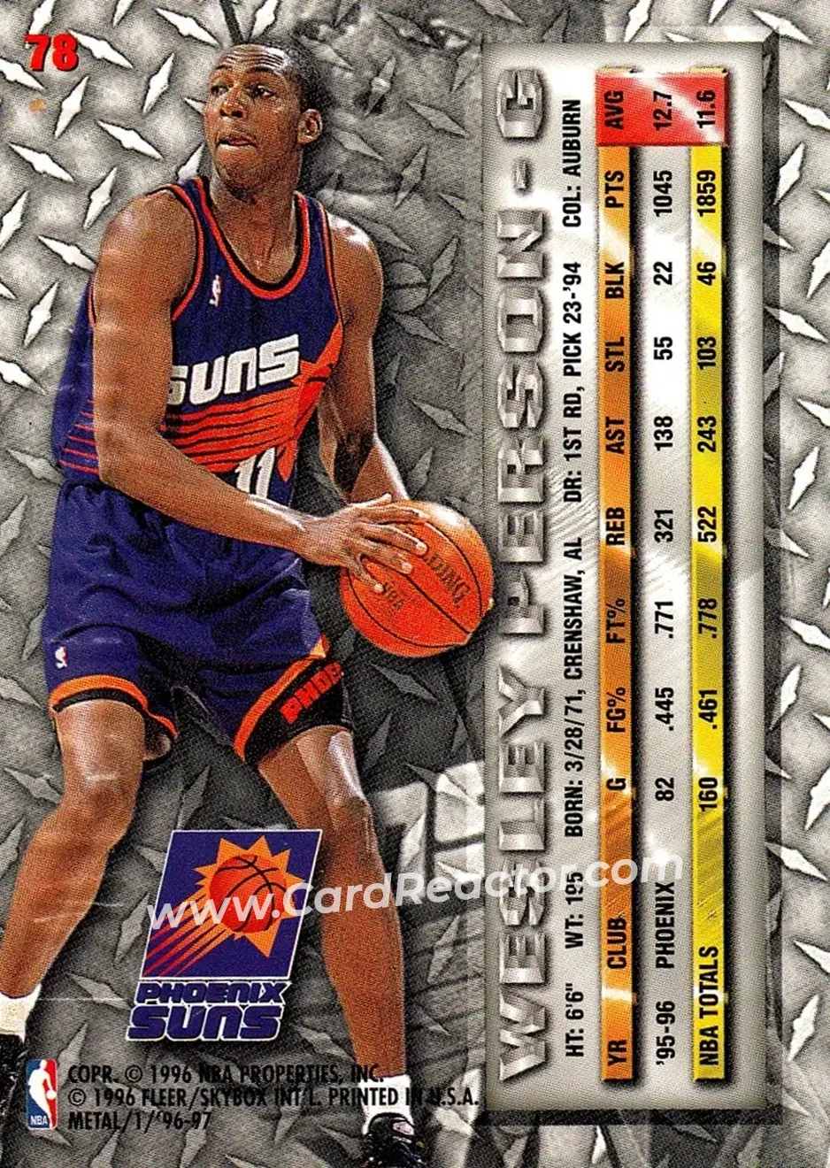 1996-97 Metal #78 - Wesley Person - Phoenix Suns - Back
