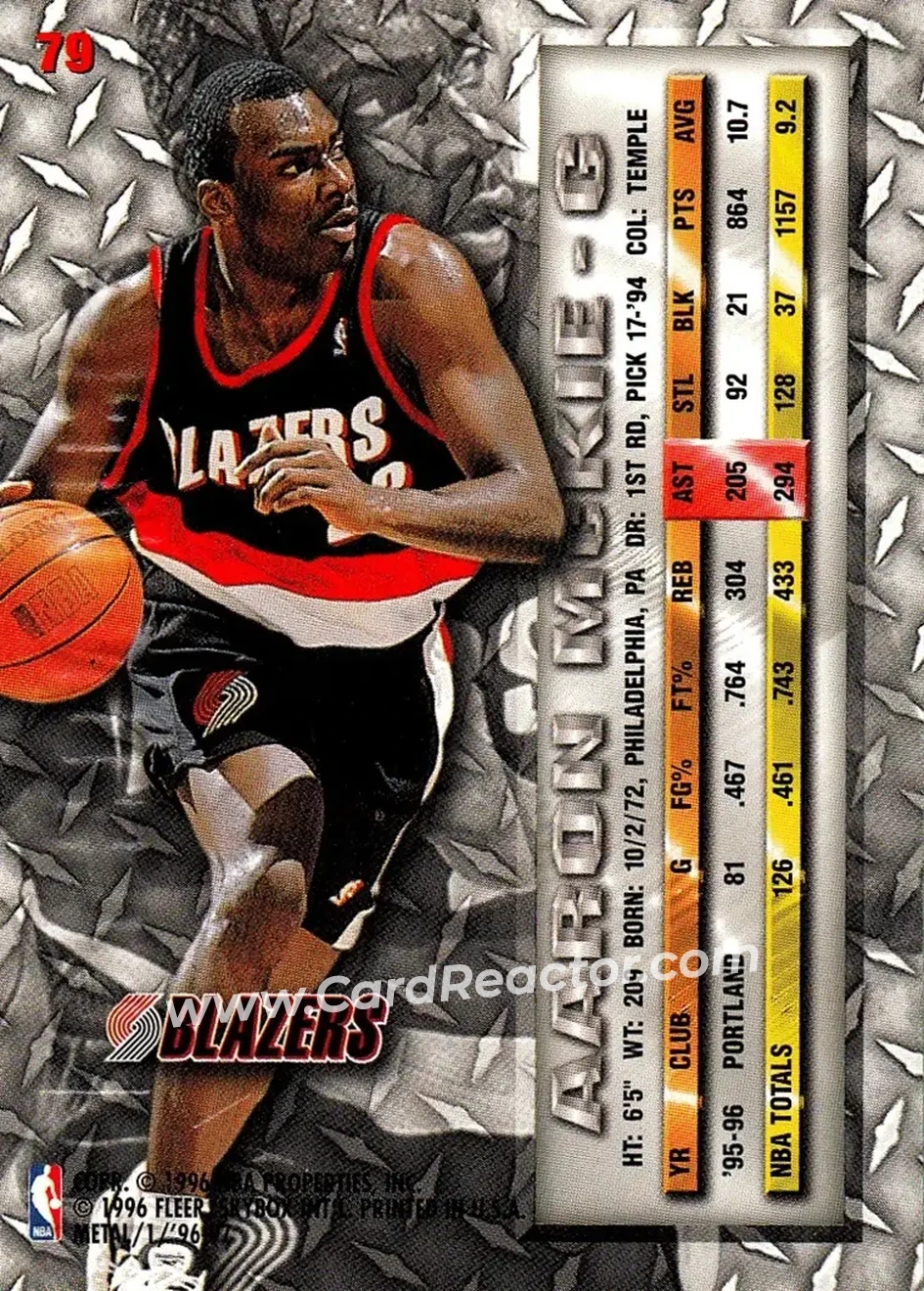 1996-97 Metal #79 - Aaron McKie - Portland Trail Blazers - Back